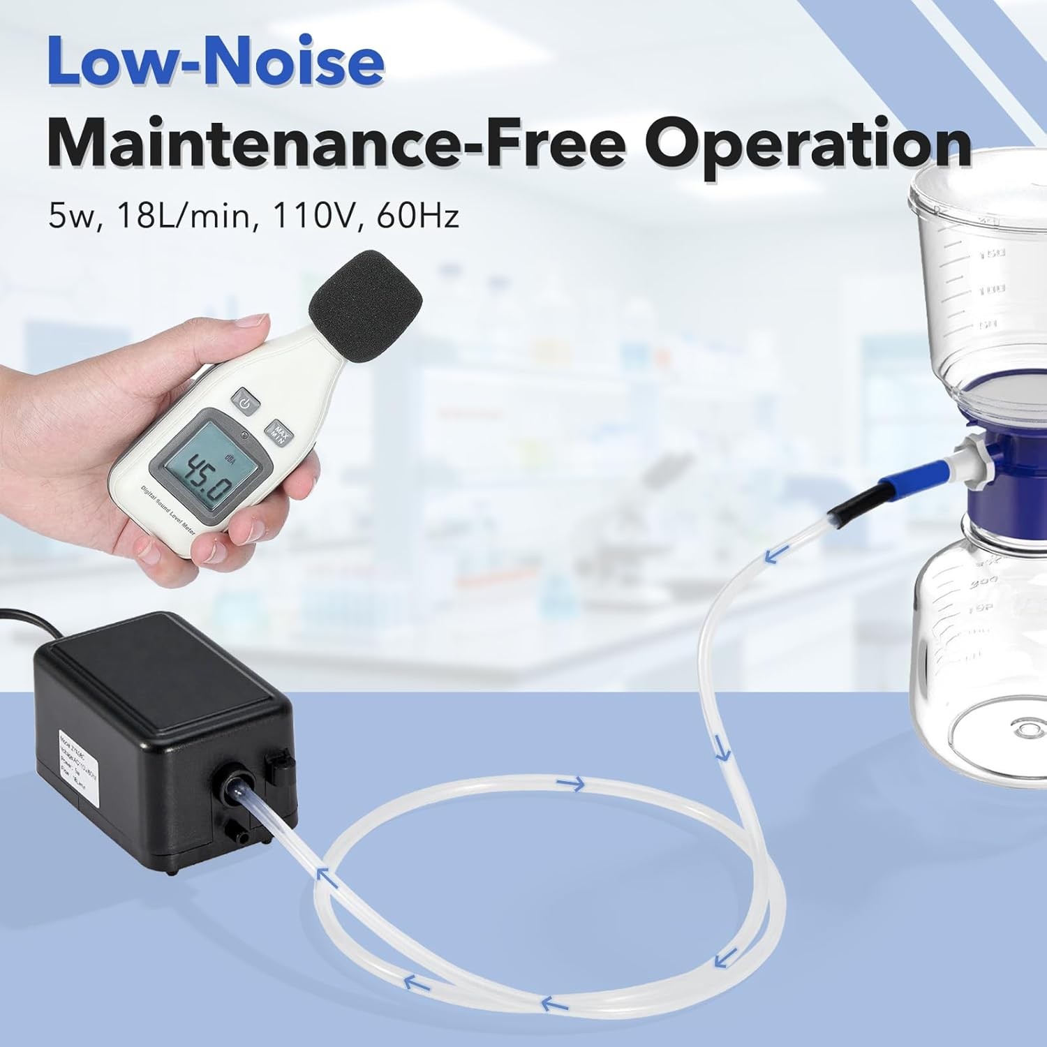 Vacuum Pump 16-18 L/Min with Switch, Oilless Lab Pump w/ 3 Hose Sizes 110V 60Hz