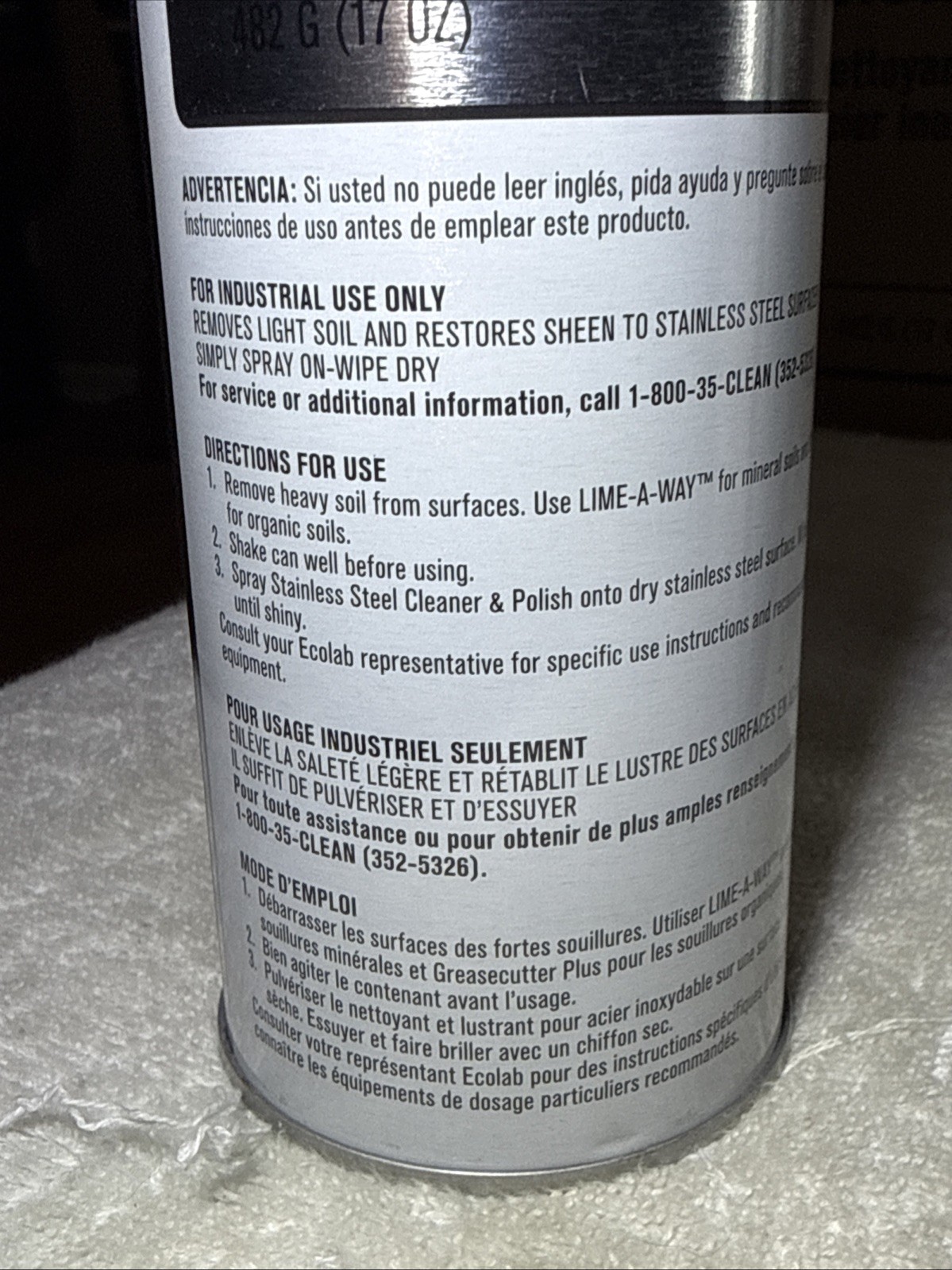 2 ECOLAB STAINLESS STEEL INDUSTRIAL SPRAY, TWO 17oz CANS