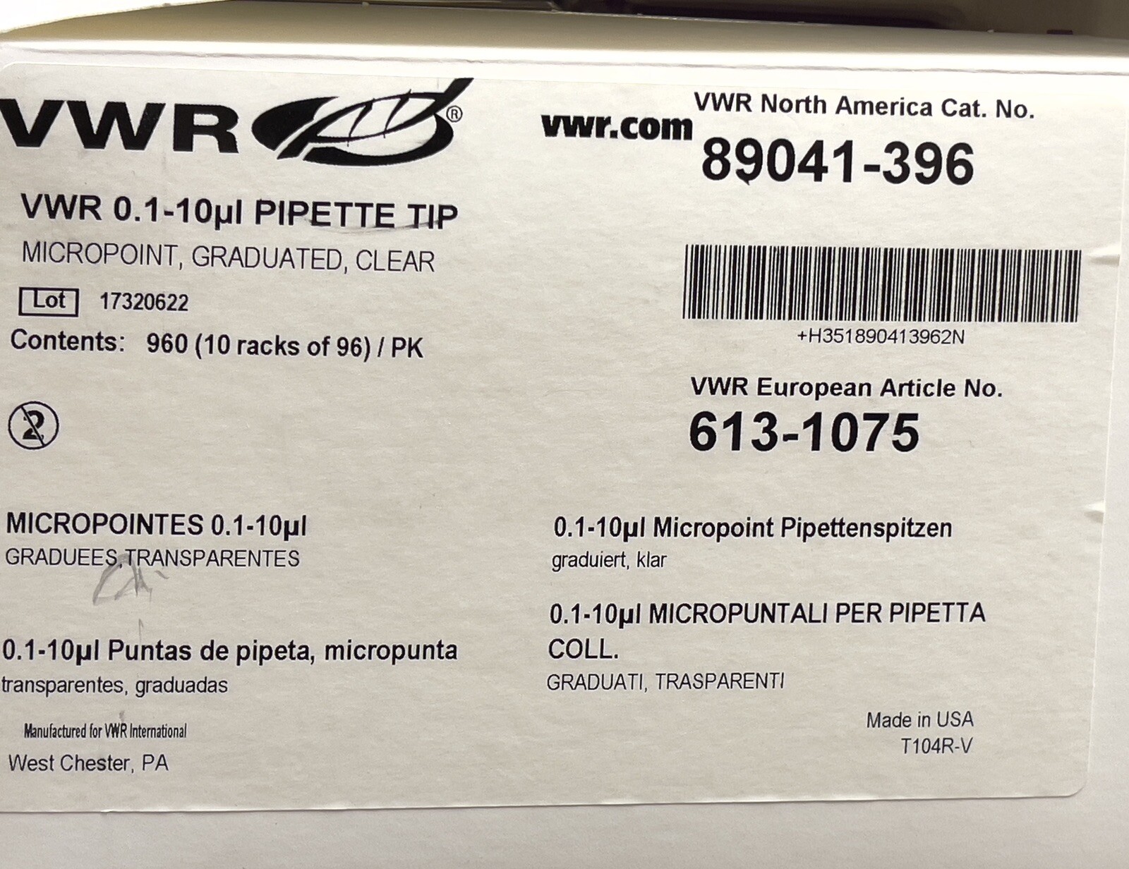 VWR 89041-396 1-10µL Micropoint Graduated Clear Pipettte Tips 10 Tray of 960