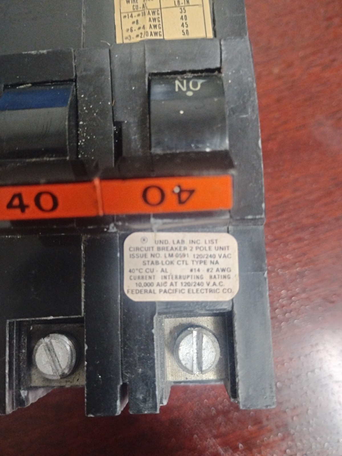 NA240 FPE Federal Pacific 40 Amp 2 Pole Stab-Lok Thick. Preowned