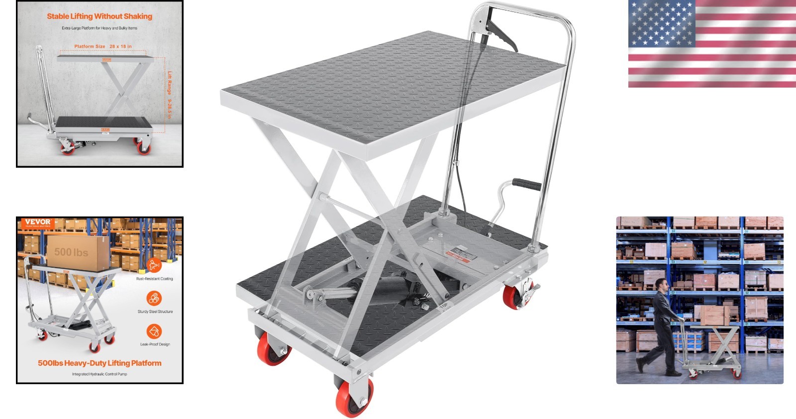 500 lbs Hydraulic Lift Table Cart – 28.5 Inch Manual Scissor Lift with Wheels