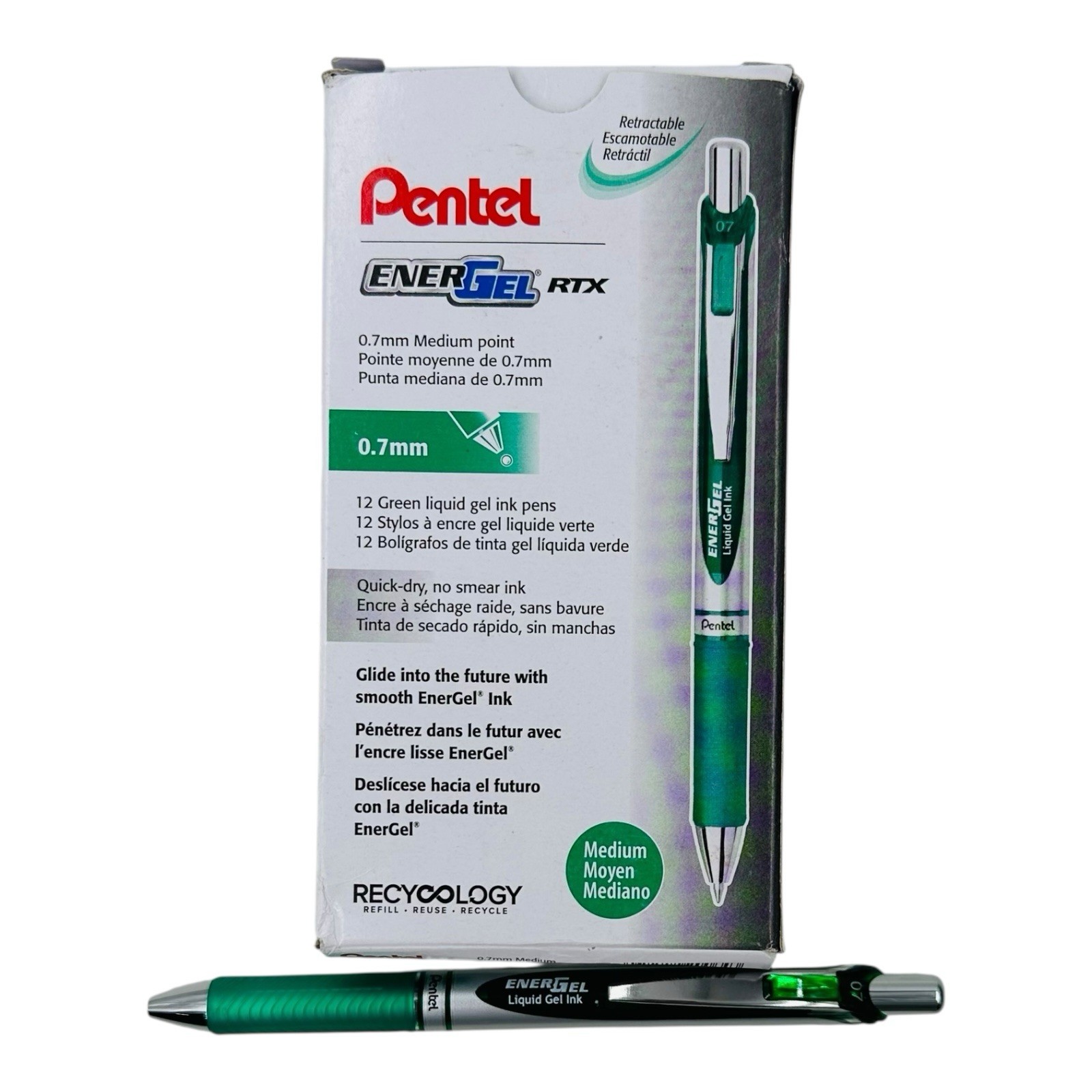 12 Pens Pentel EnerGel RTX Green Gel Ink Retractable Pen 0.7mm Medium Point