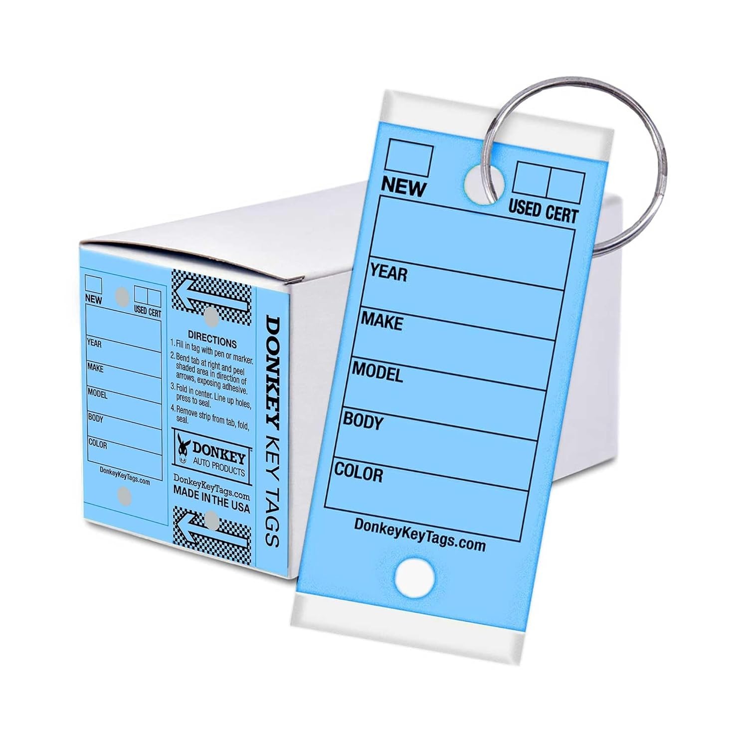 Donkey Key Tags, Laminated Self-Protecting (250 Tags per Box with Metal Rings) (
