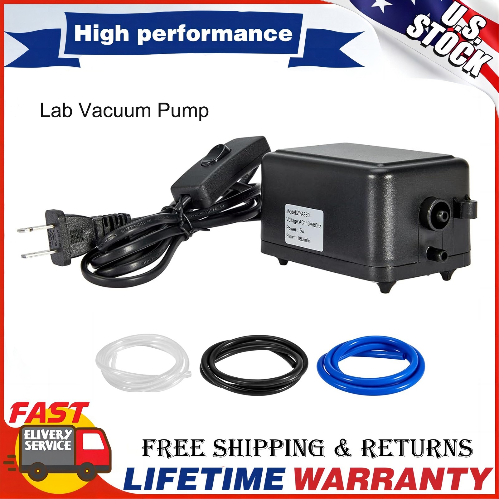 Lab Vacuum Pump Oilless Vacuum Pump 110W 18L/Min with 3 Hose Sizes NEW