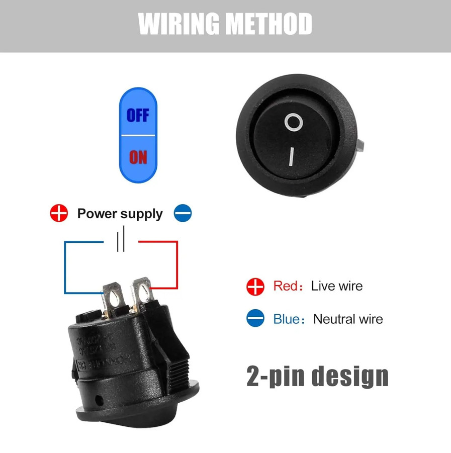 10pcs Mini Round Rocker Switch SPST 2 Pin ON Off Power Toggle Switch Set – NEW
