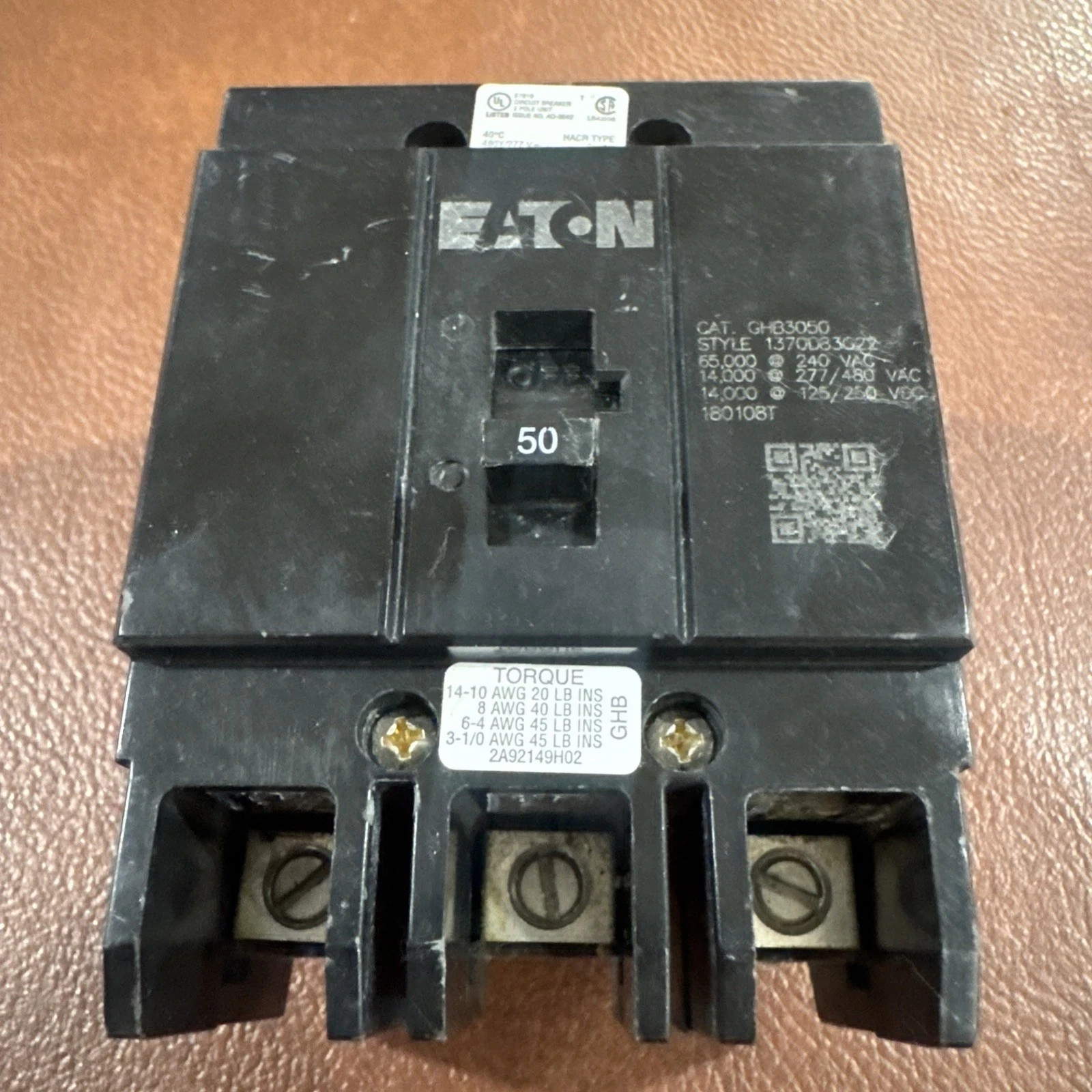 USED EATON GHB GHB3050 3 Pole 50 Amp 480V Circuit Breaker 50A 3P
