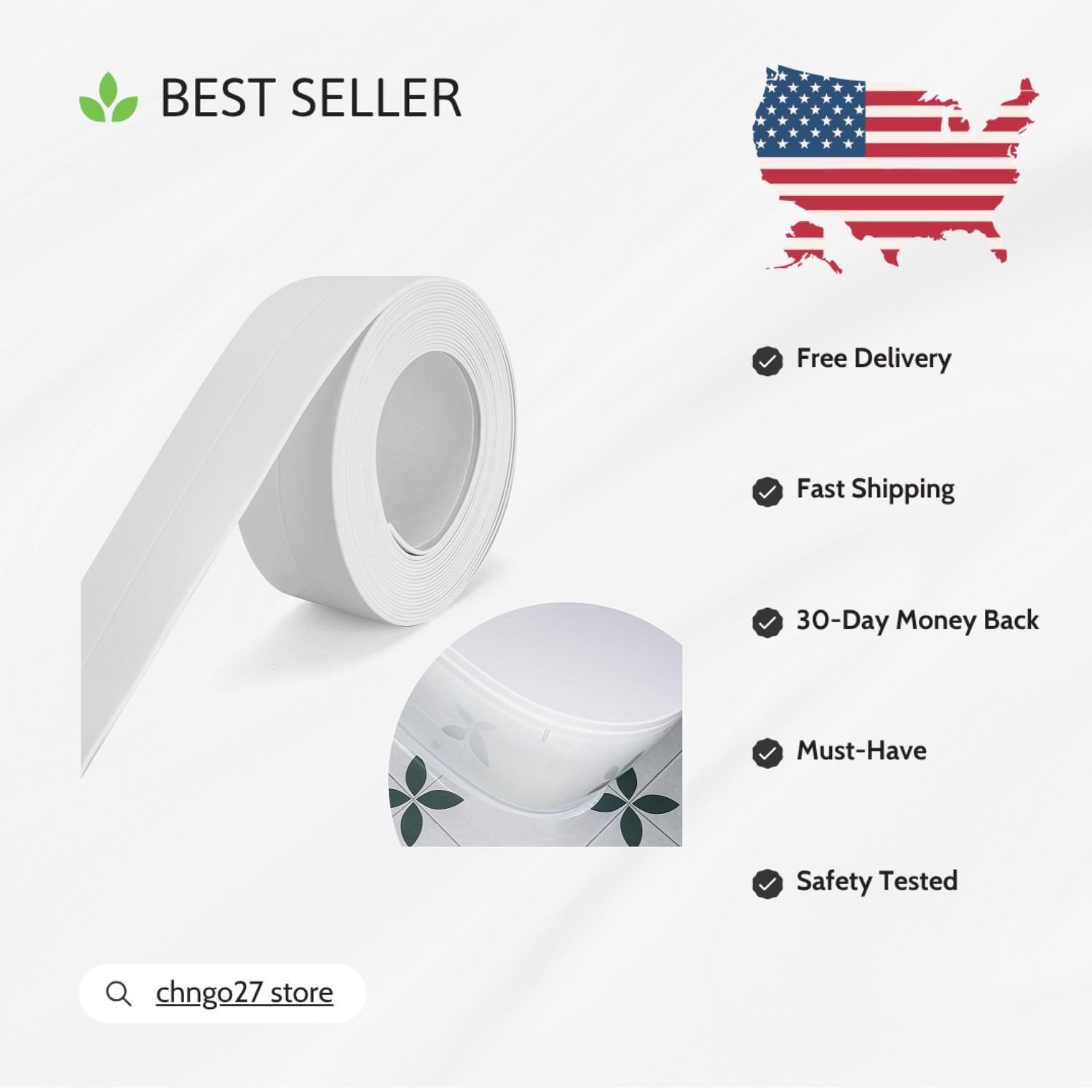 2.2cm x 10.5Ft White Caulk Tape – Adheres Easily for Seamless Water Protection