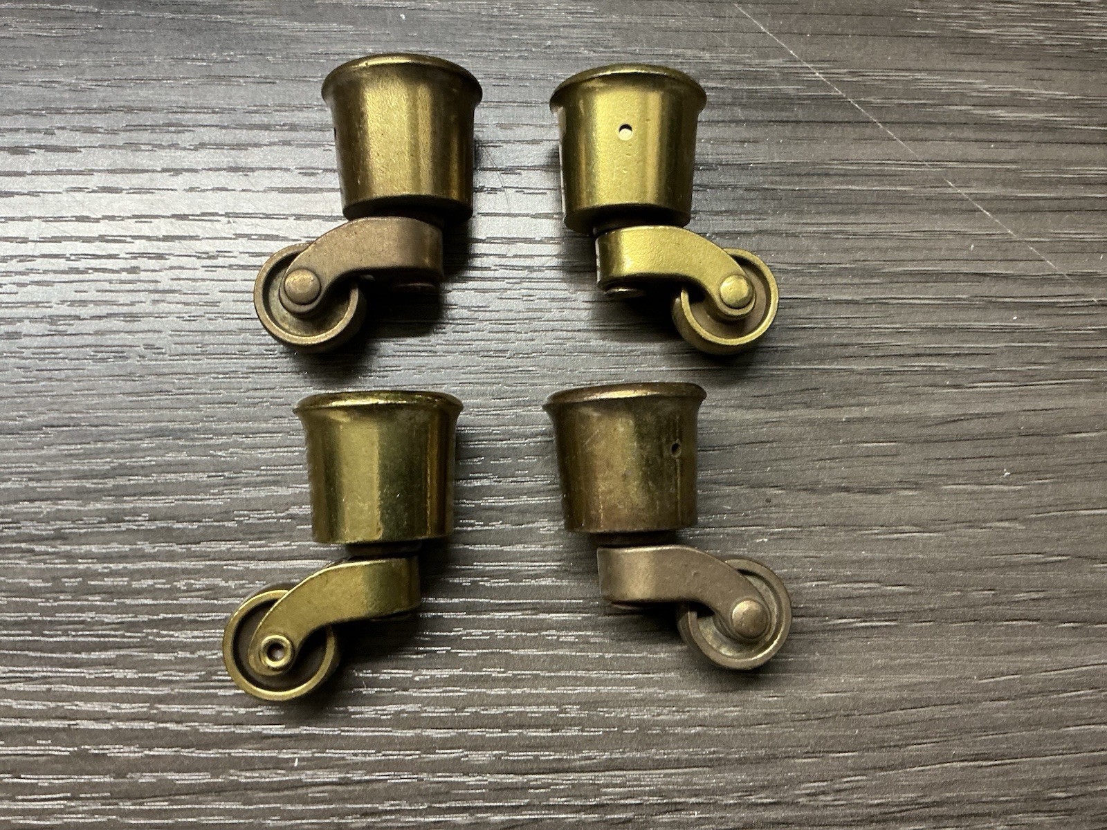 4 Brass Wheels Furniture Swivel Casters Fits 3/4” Diameter Tapered Leg NOS