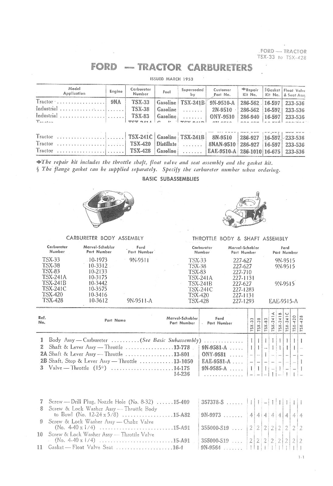 Identification Chart Marvel Schebler Tractor Carburetors Sec. 3 Ford TSX Series
