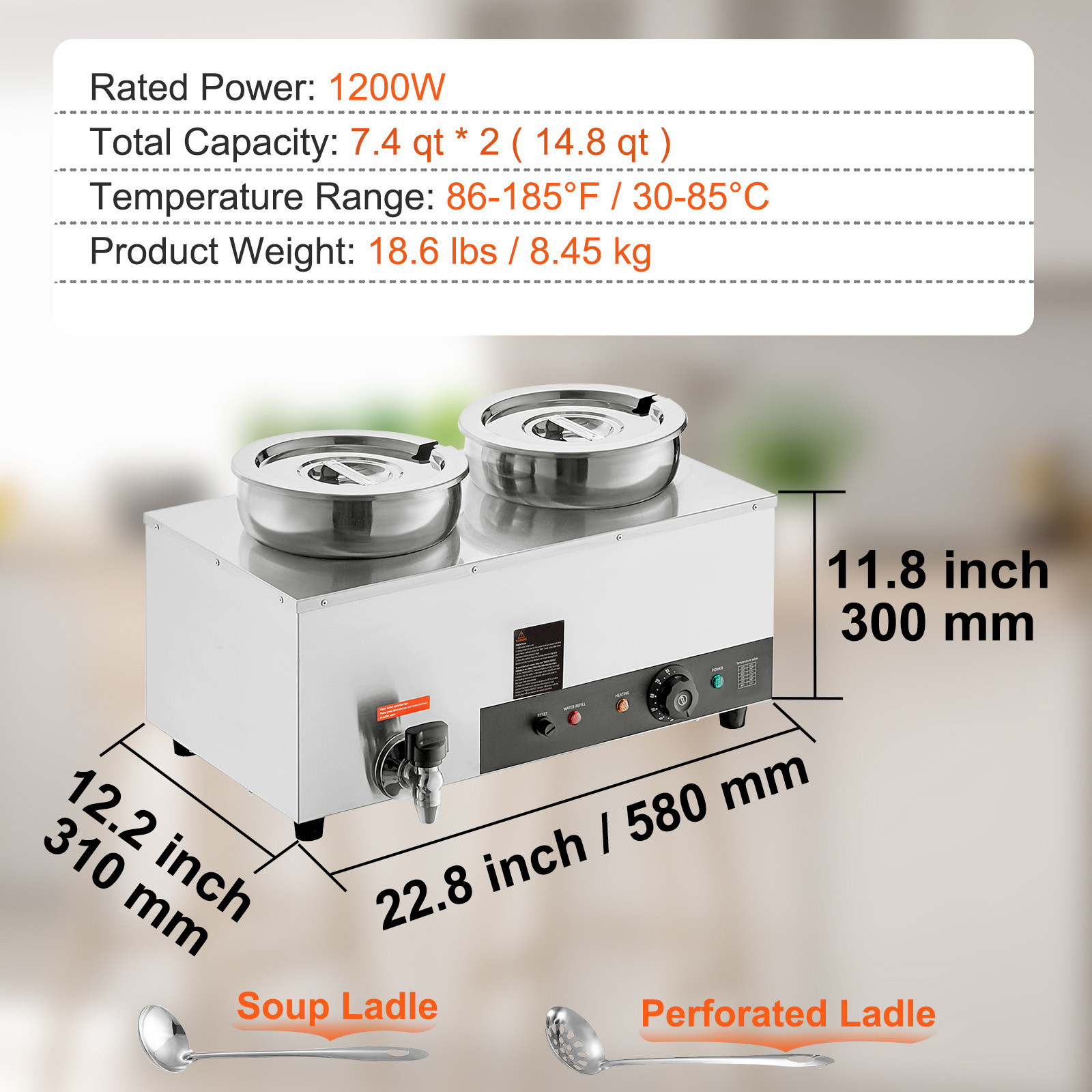 2*7.4Qt Pot Soup Warmer Commercial Soup Station Kettle Warmer Bain Marie