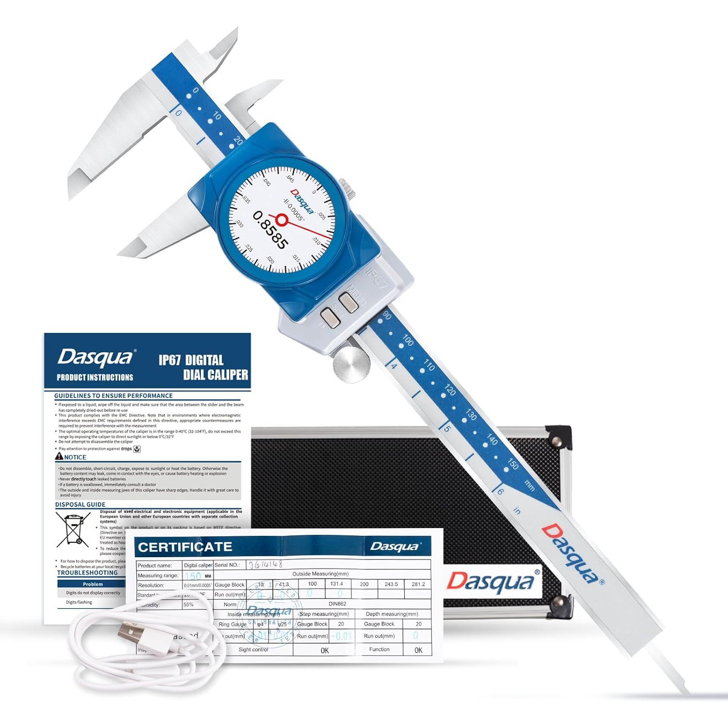 Digital Dial Calipers 6″/150Mm IP67, Resolution 0.0005″, Accuracy ±0.001”, Inch/