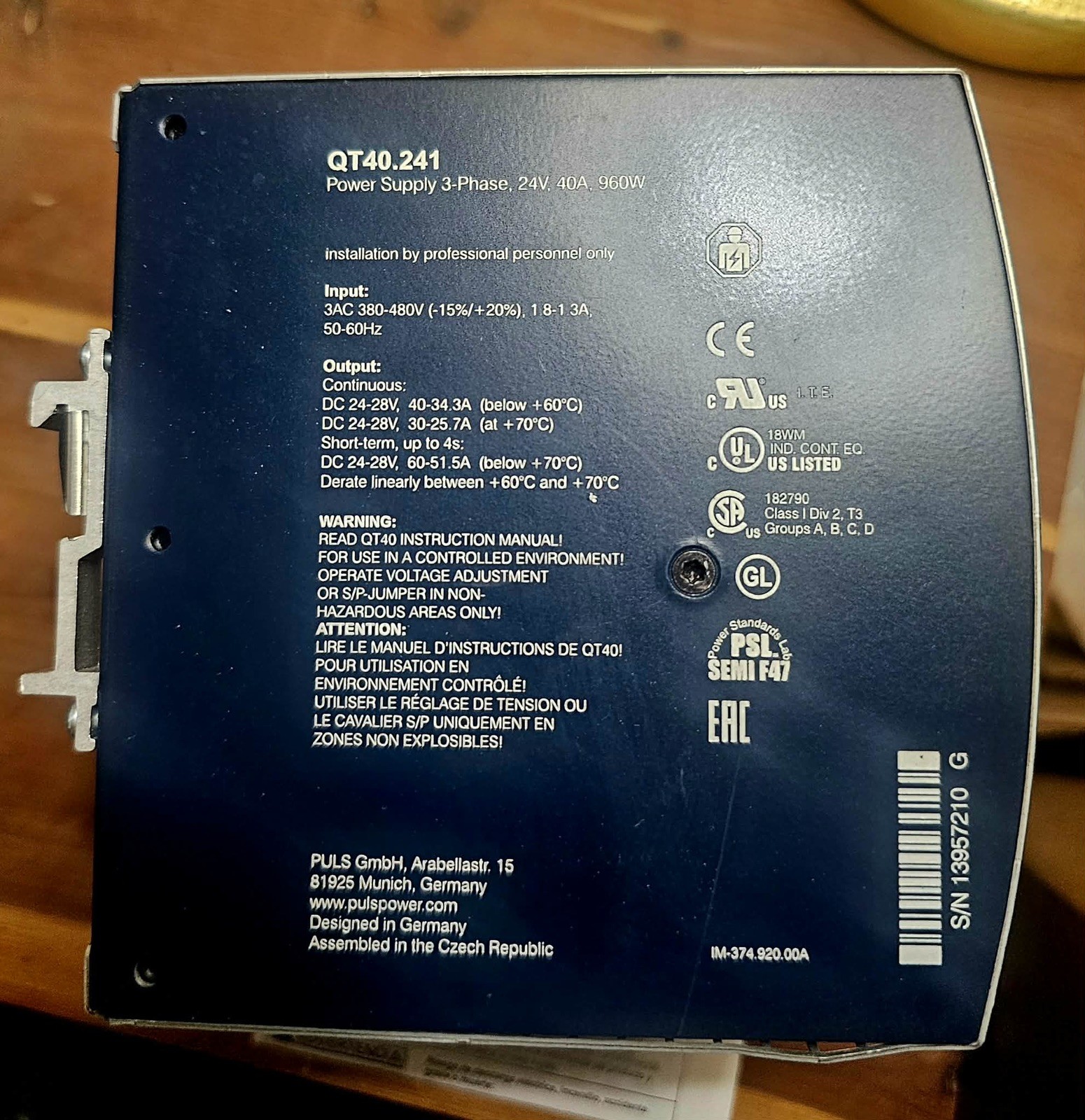 PULS QT40.241 DIN Rail MOUNT POWER SUPPLY 3AC 380-480V 24VDC 960/1440W Tested