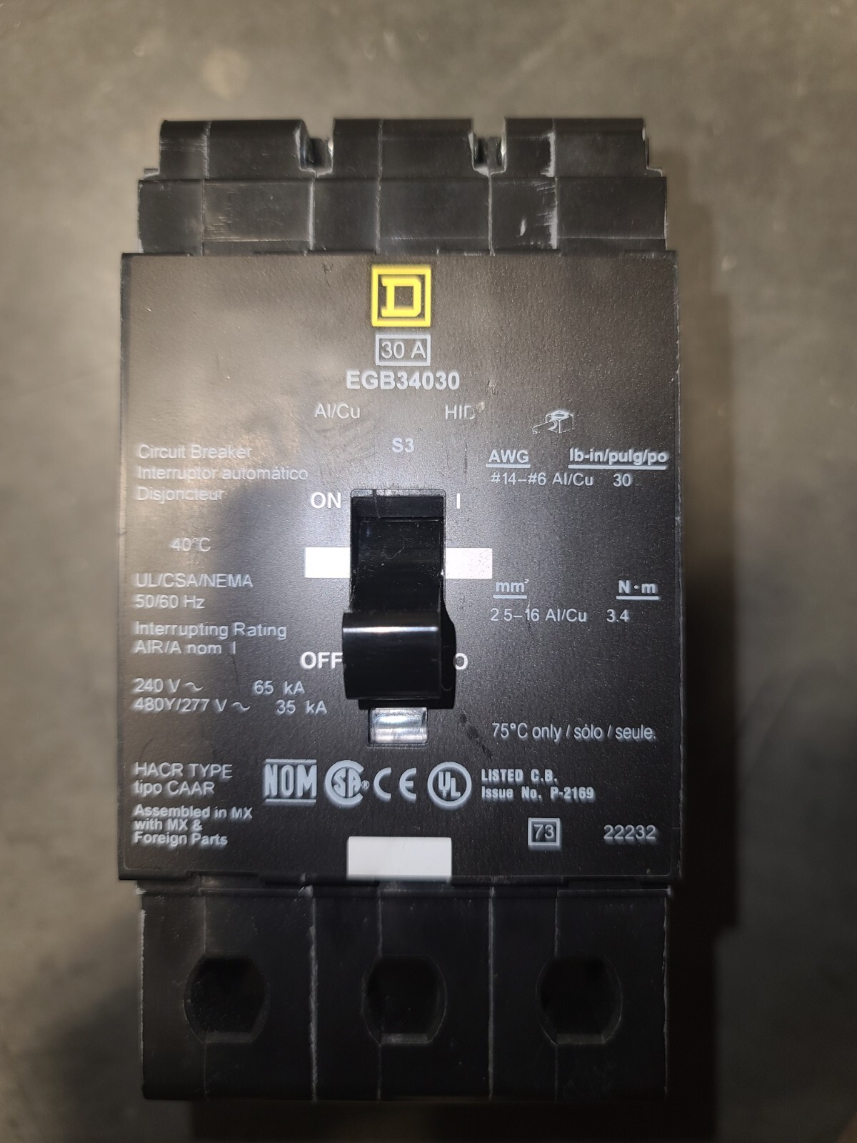 Square D EGB34030 30A 3P Bolt-On 480/277V Circuit Breaker 35kA@480/277V