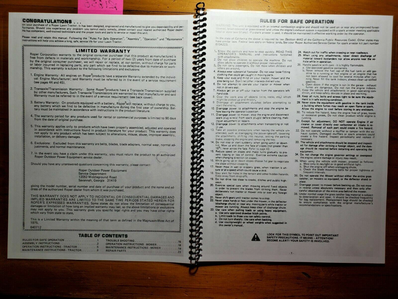 Roper LT110FR LT110 11 HP Lawn Tractor 38″ Mower Owner Operator Parts Manual ’87