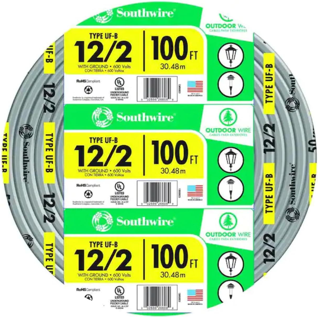 12/2 UF B Wire with Ground, 100 Ft, Gray Solid Copper Direct Burial Cable for Ou