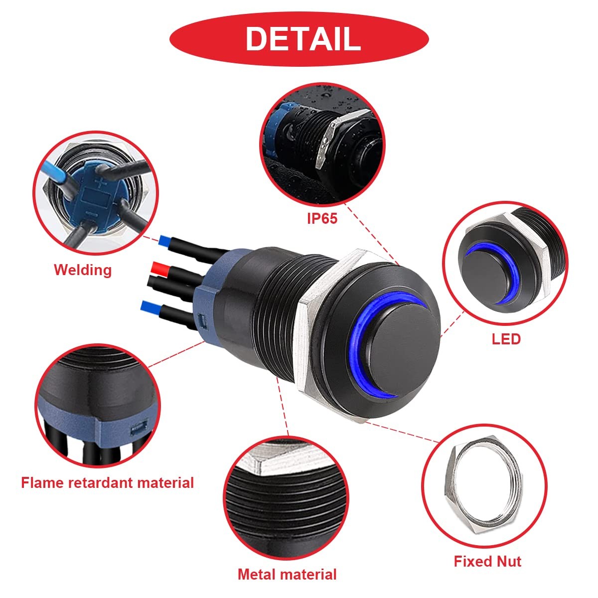 MKBKLLJY 6Pcs 12mm Latching led Push Button Switch Black Shell with pre-Wirin…