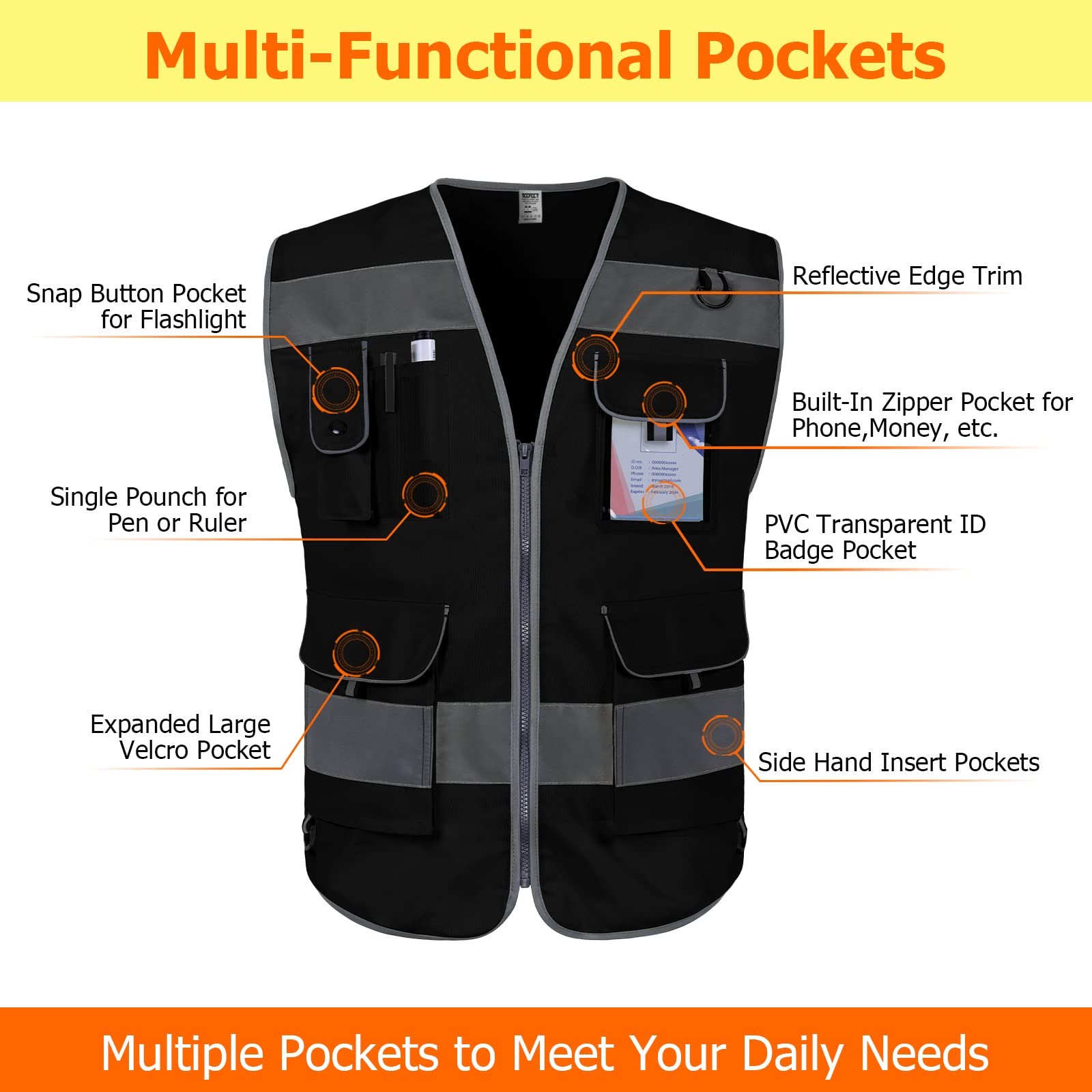 Black Safety Vest for Men Women 9 Pockets High Visibility Reflective Vest for…