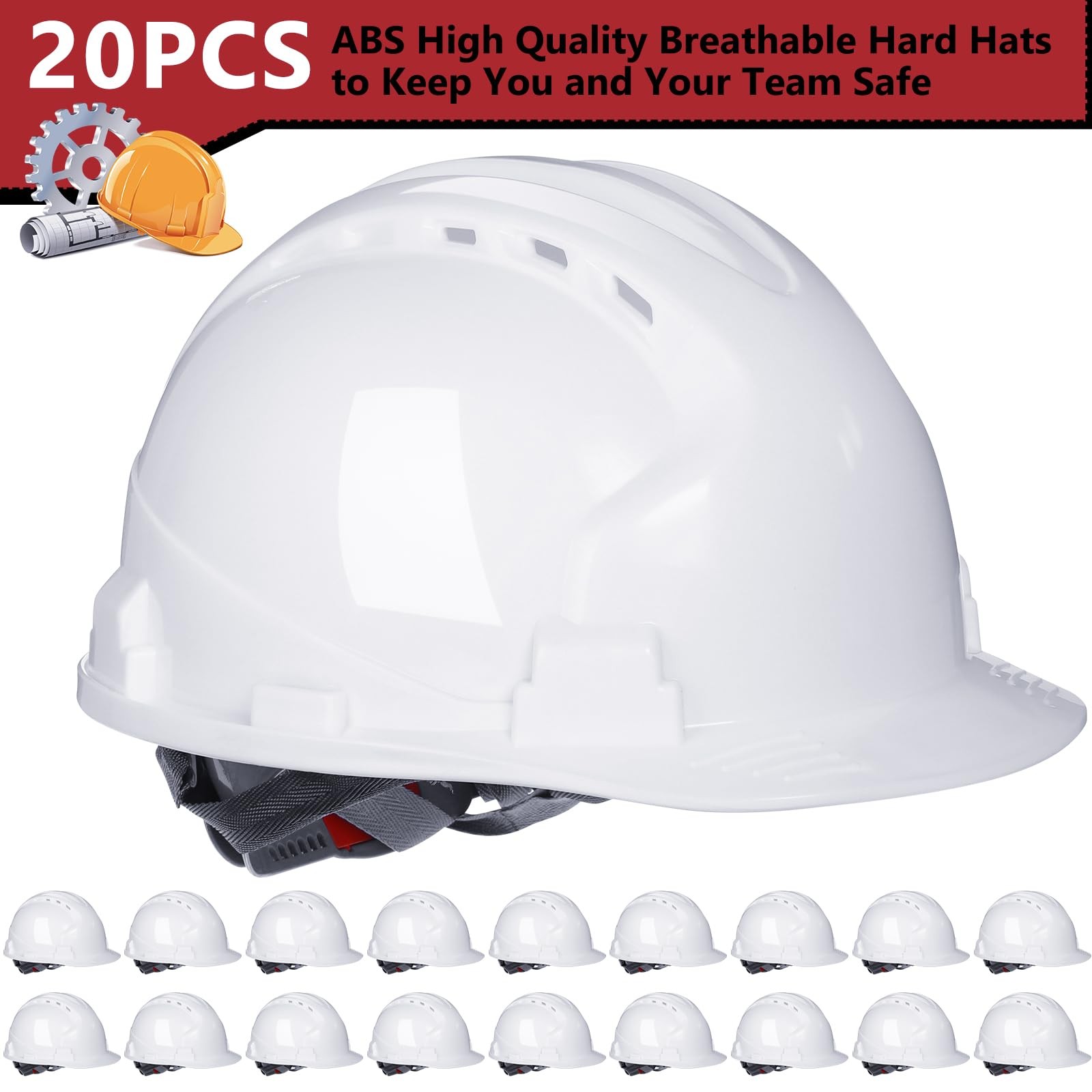 20 Pack 4 Pt. Suspension Hard Hat Bulk Safety Helmets One Size, White
