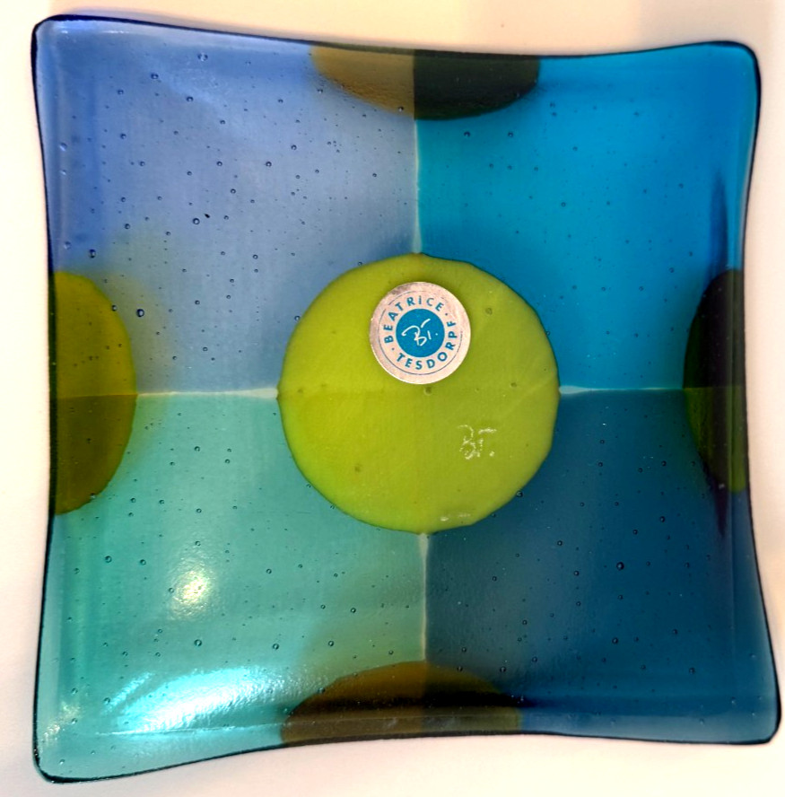 Beatrice Tesdorpf Fused Art Glass Mini Plater Green Turquoise Chartreuse Blu 6×6