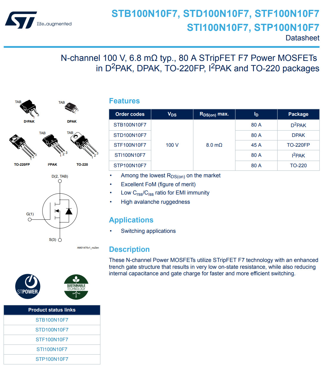 5PCS STP100N10F7 100N10F7 ST N-Ch MOSFET 100V 80A 150W 8mOhm TO-220