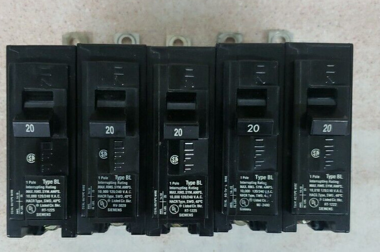 LOT OF 5 B120 SIEMENS BL 1 pole 20 amp 120 volt Bolt On Circuit Breaker BL120 **