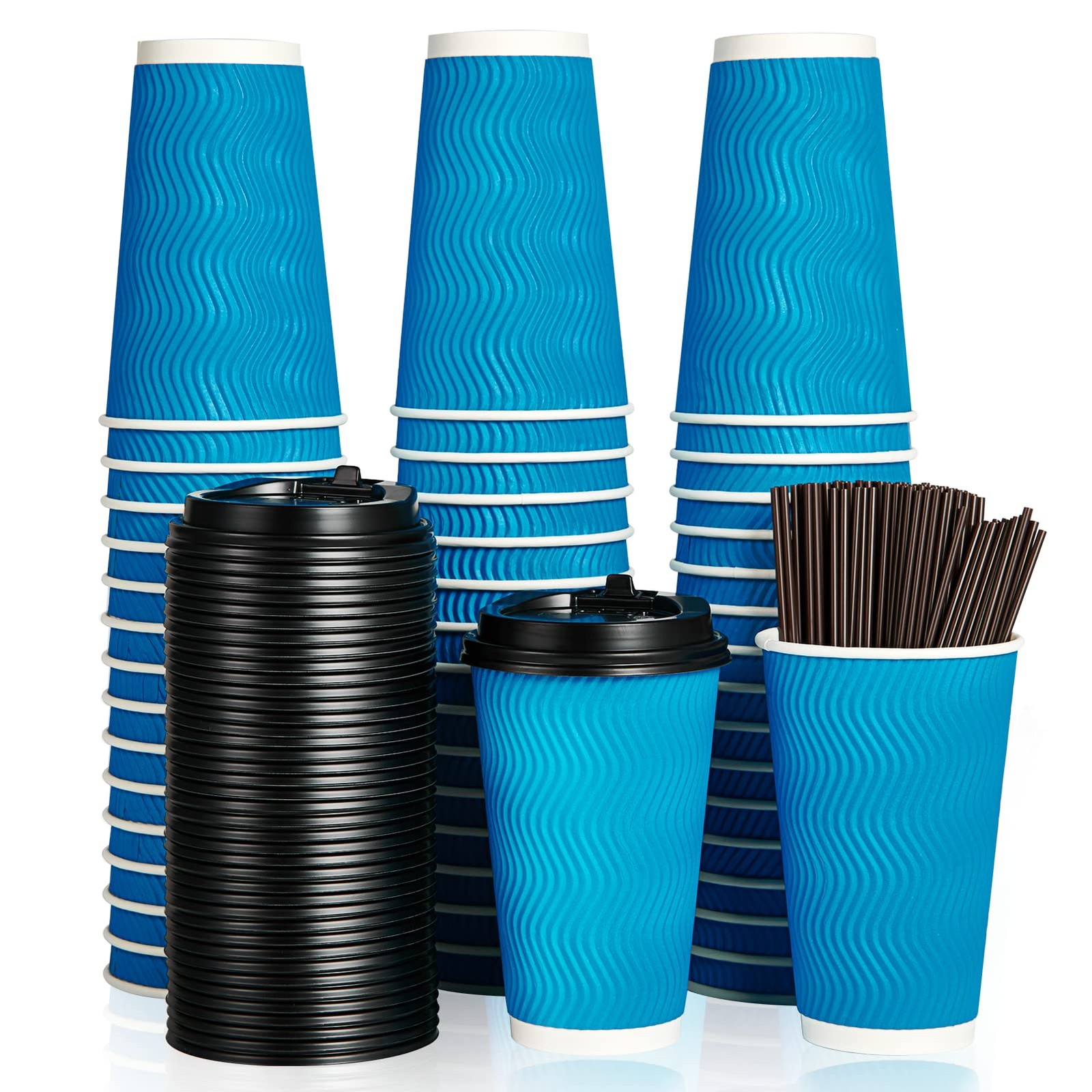 80 Count 16 oz Coffee Cups with Lids and Straws, Insulated Ripple Wall Paper …