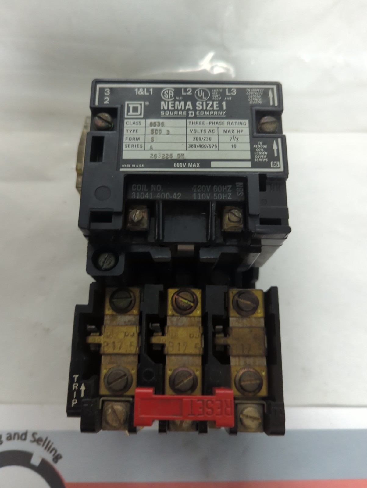 SQUARE D,8536-SCO 3,MOTOR STARTER SIZE 1 SERIES A PRE-OWNED