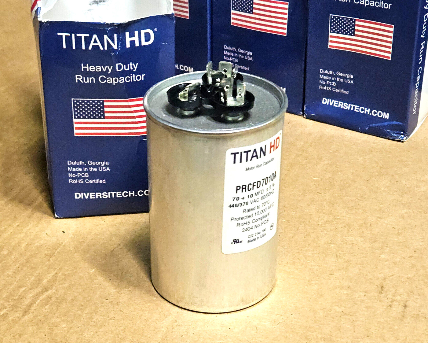 TITAN HD Motor Dual Run Capacitor: Round, 440/370V AC, 70/10 mfd, 4 13/32