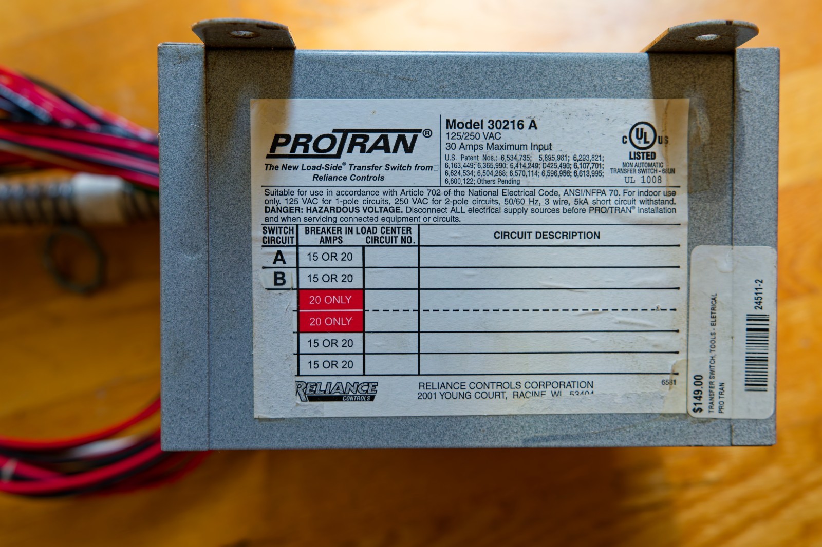 Reliance Controls 30216B 6 Circuit 30Amp Generator Standby Power Transfer Switch