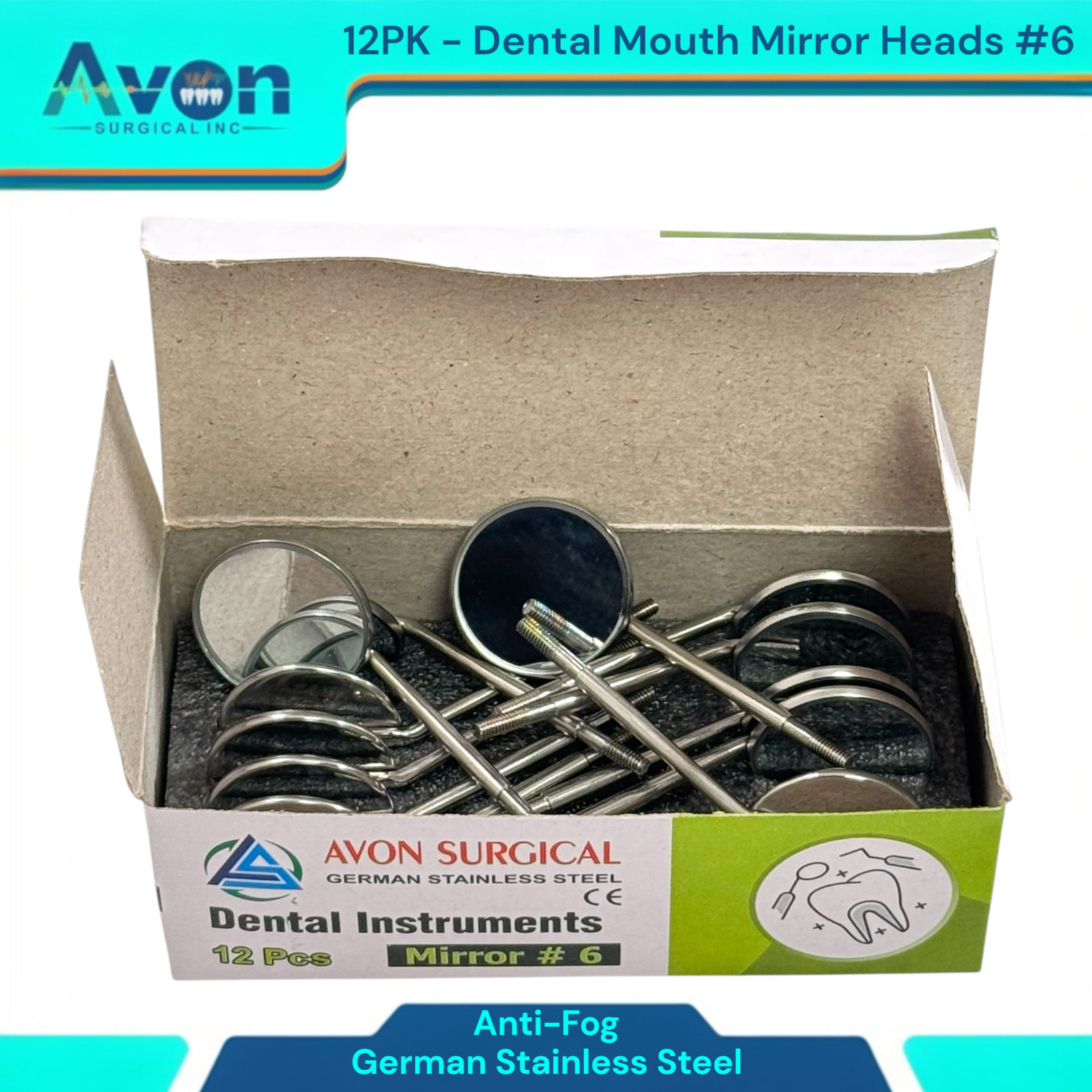 #6 Mouth Mirror Heads for Oral Examinations, Cone Socket, Anti-Fog – Pack of 12