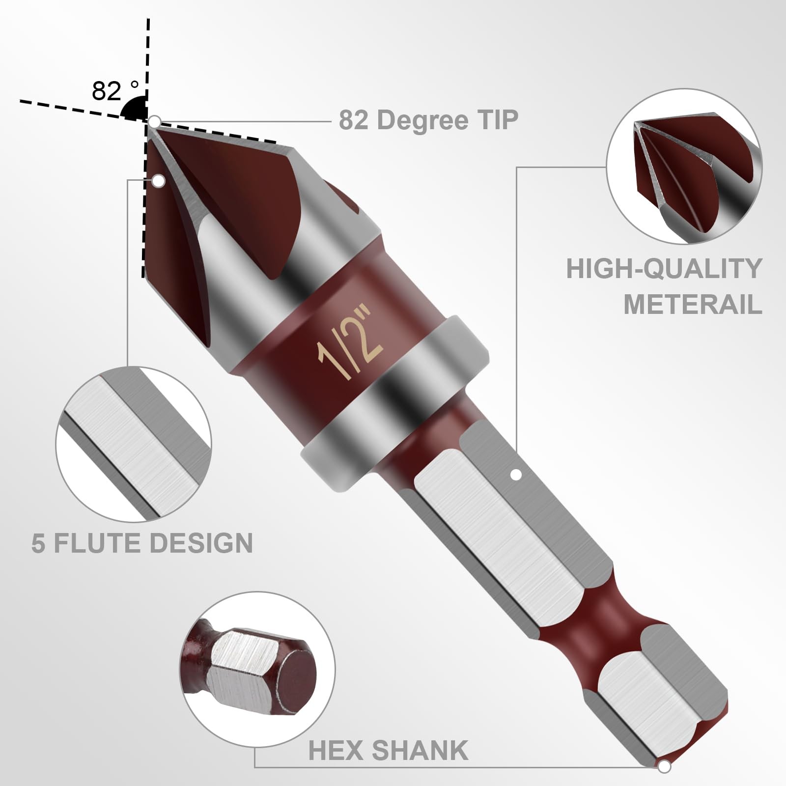 5PCS Countersink Drill Bit Set, 1/4″ Hex Shank 1/4”, 3/8”, 1/2”, 5/8”, 3/4”