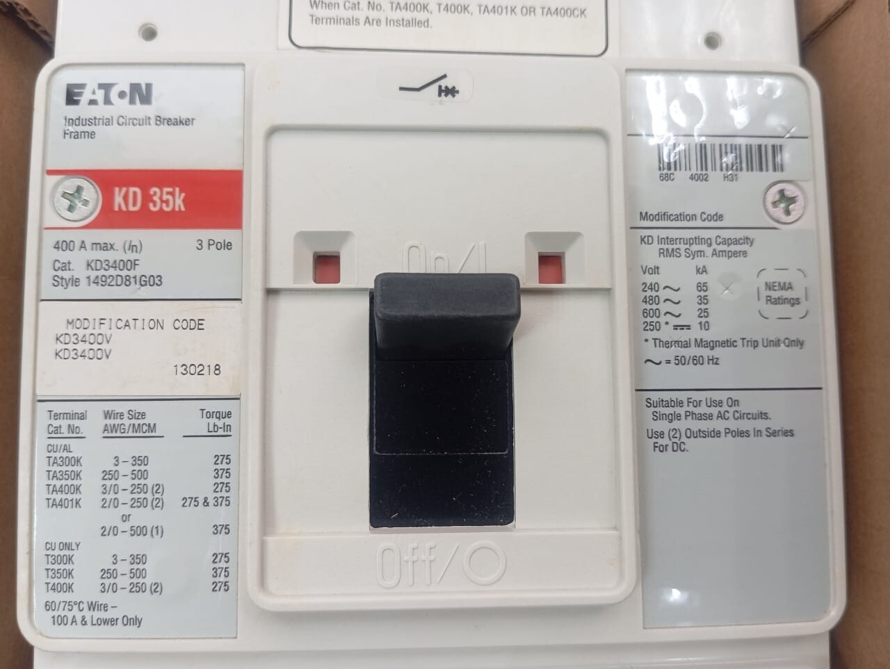 Eaton / Industrial Circuit Breaker / KD3400F