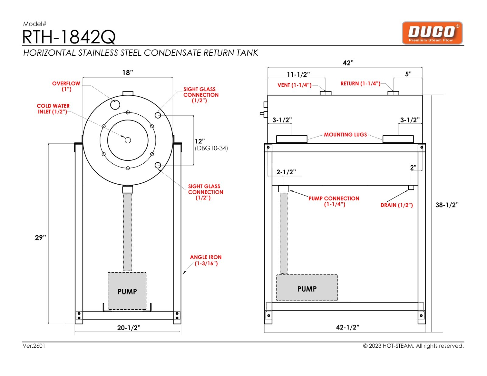 46 GALLON STAINLESS STEEL BOILER CONDENSATE RETURN TANK COMPLETE SET, 18″x42″