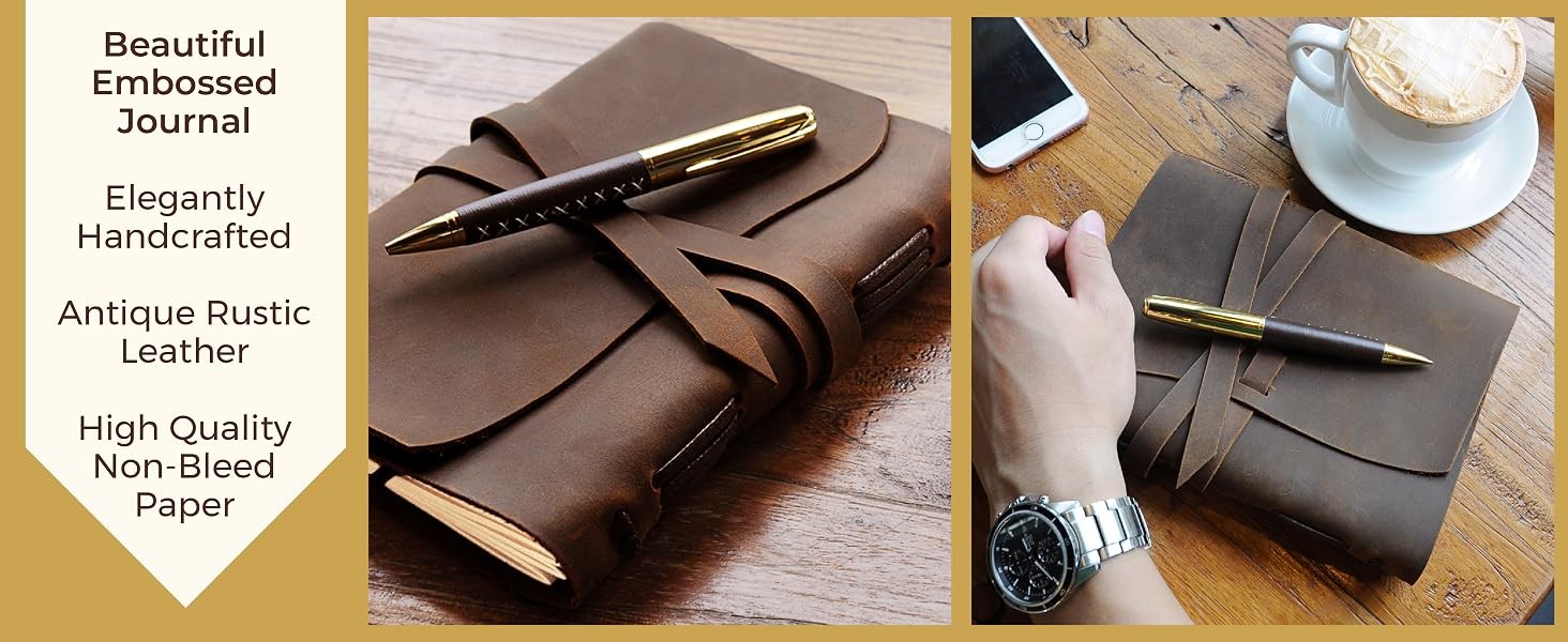 Leather Bound Journal for Men and Women, Handmade Set with Genuine Leather