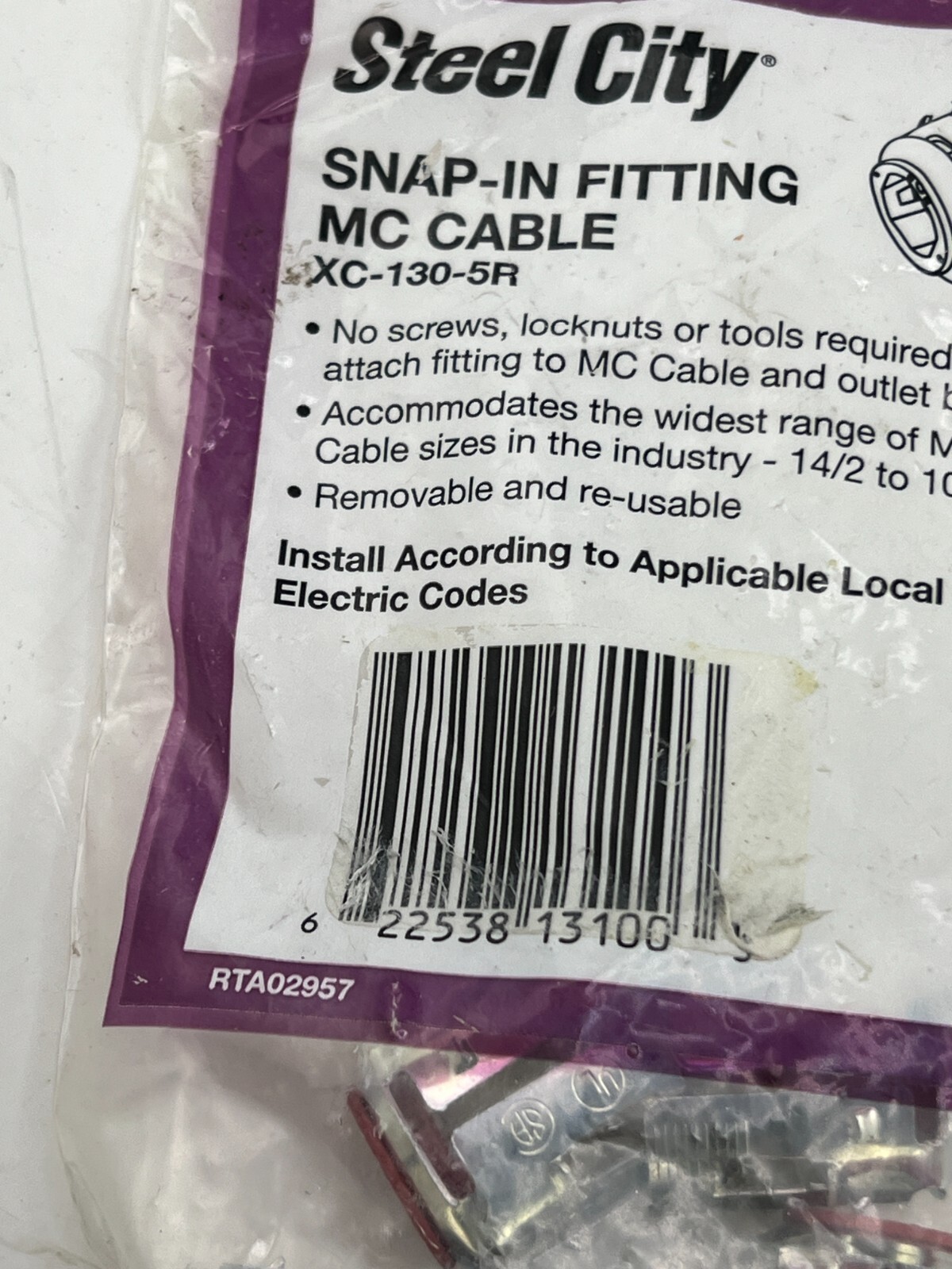 Pack of 5 Steel City 1/2in Standard Snap-In Fitting for MC Cable XC-130-5R
