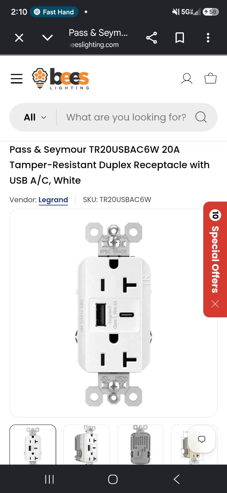 Legrand Pass & Seymour 2097TRUSBACW 20A GFCI USB White USB-A/USB-C pack of 10
