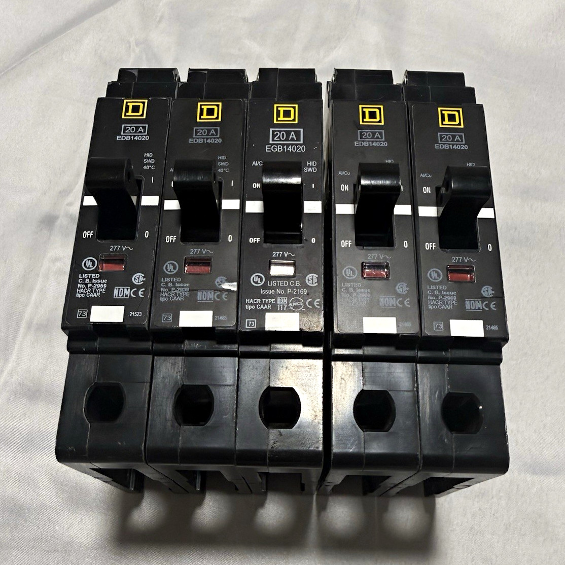 Square D EDB14020 20A 277V 1-Pole Bolt-On Circuit Breaker, Lot of 5