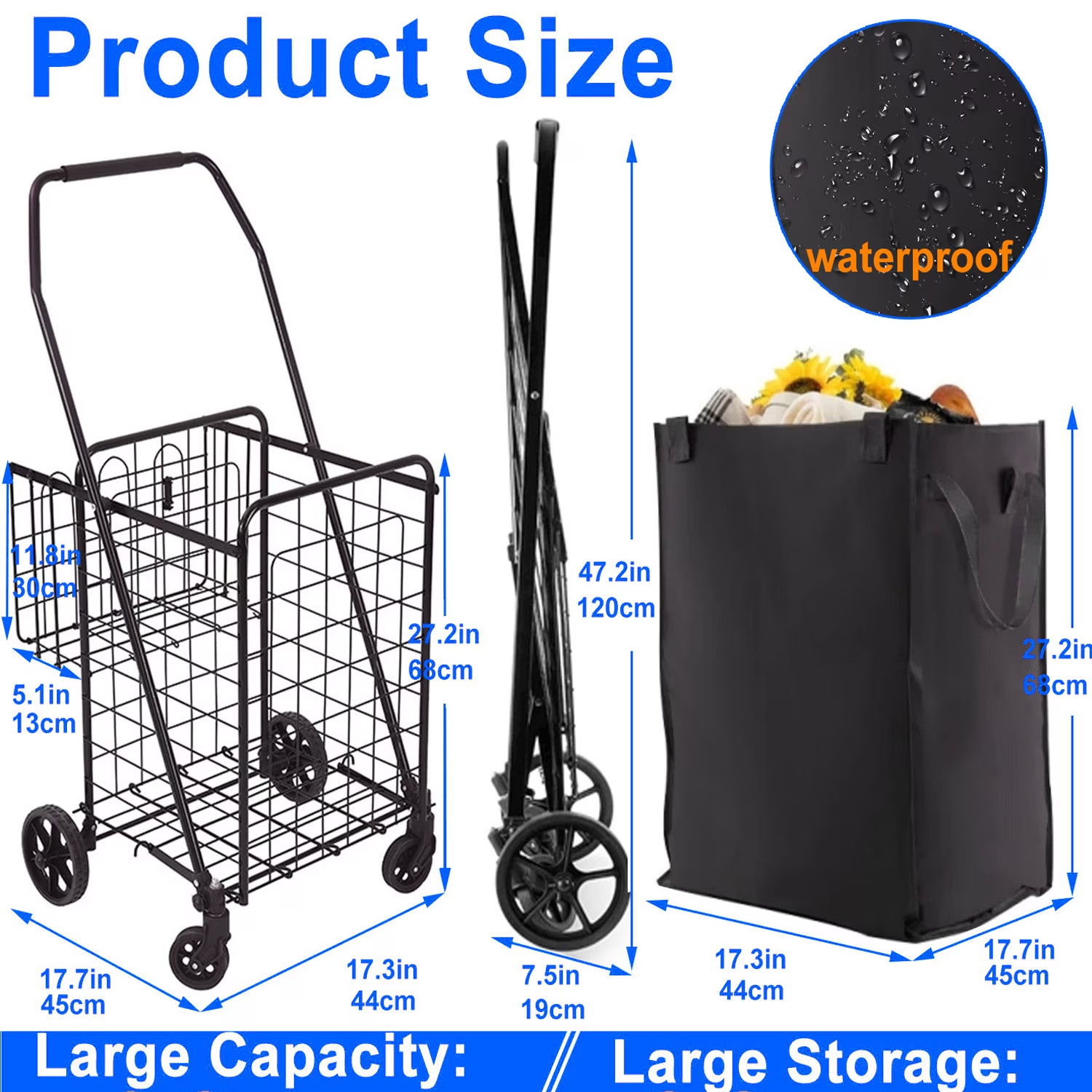 Folding Shopping Cart, Utility Trolley w/Removable Basket, Swivel Wheels, Black