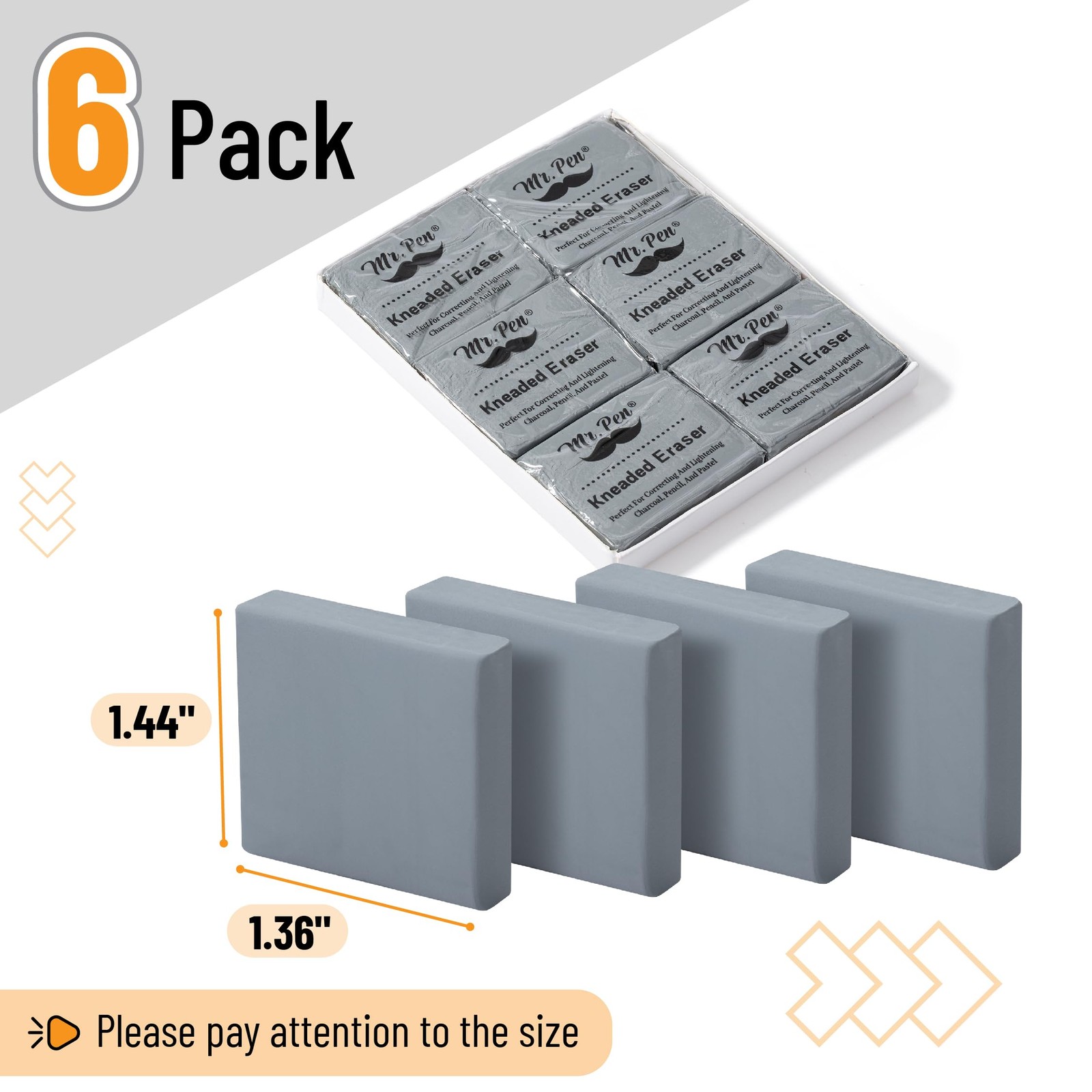 Mr. Pen- Kneaded Erasers, 1.44″ x 1.36″, 6 Pack, Gray x Grey