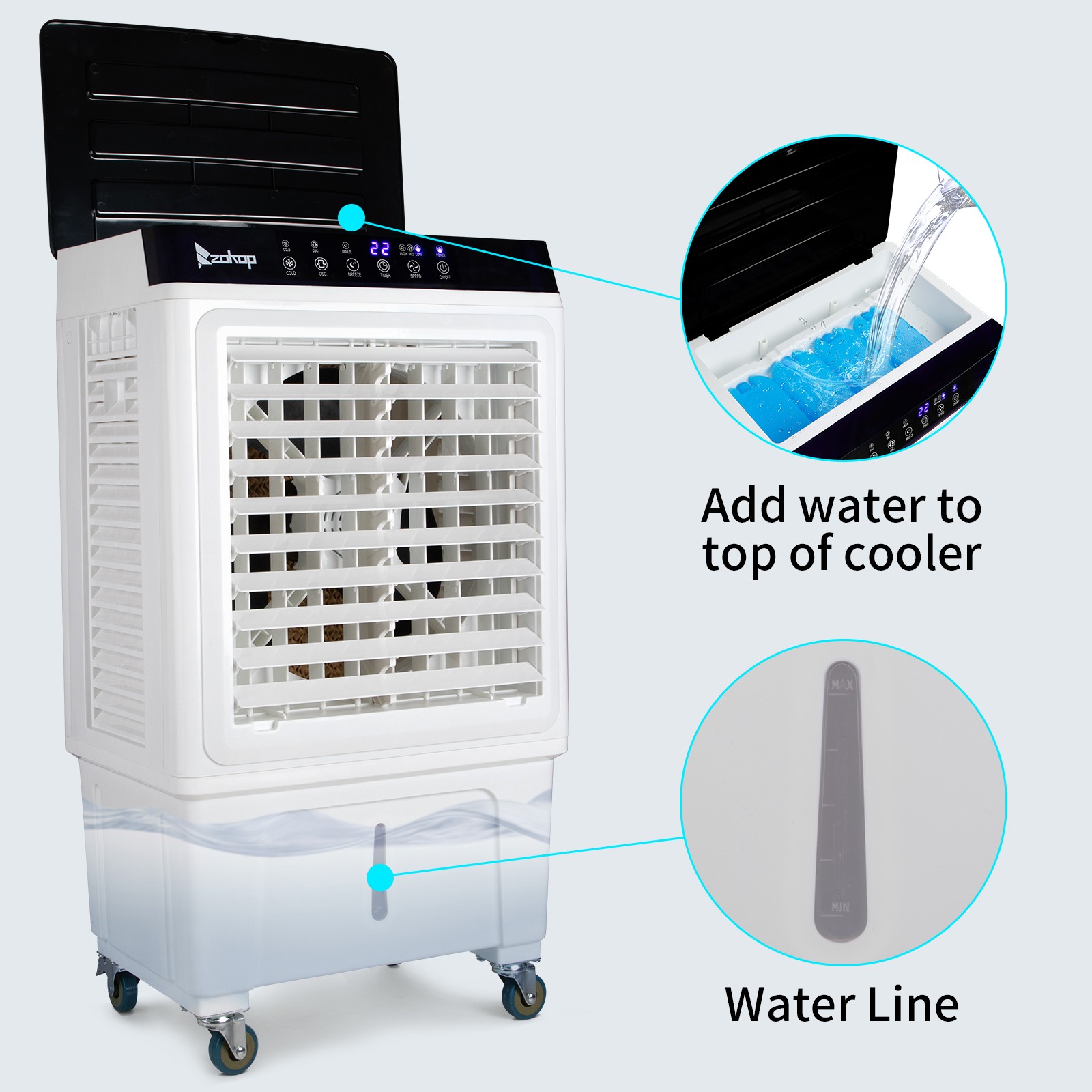 Portable Air Conditioner Fan Evaporative Cooler 2400CFM Swamp Cooler Remote 30L