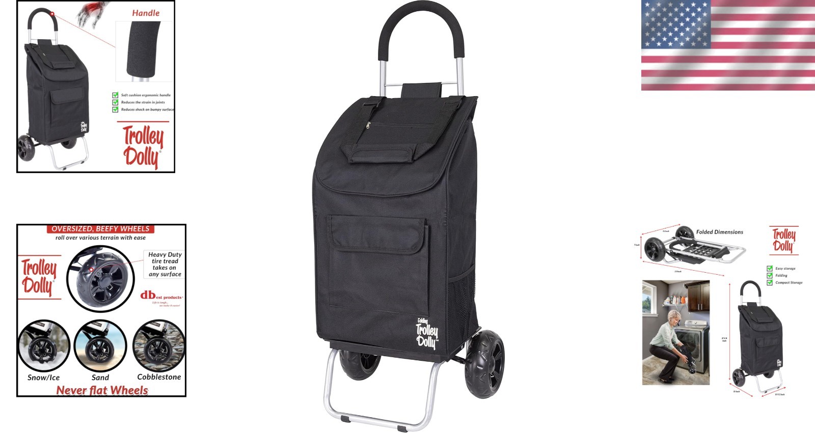 Foldable Black Shopping Cart with Wheels Lightweight Grocery Trolley for Adults