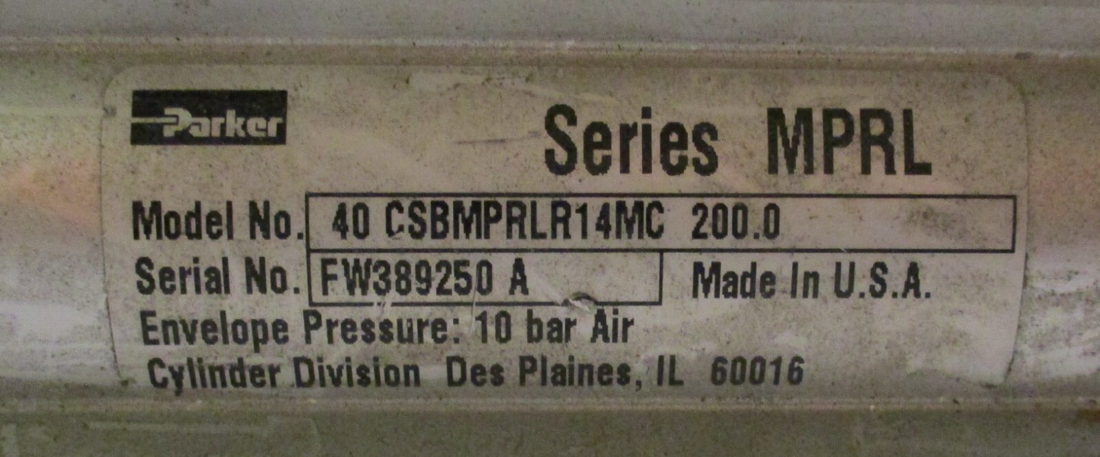 Parker 40 CSBMPRLR14MC 200.0 FW389250 10 Bar Air Pneumatic Cylinder Series MPRL