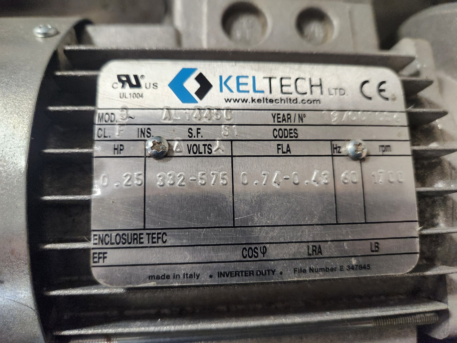 Used Keltech 1/4hp 3ph 1700 rpm AL1445C Motor