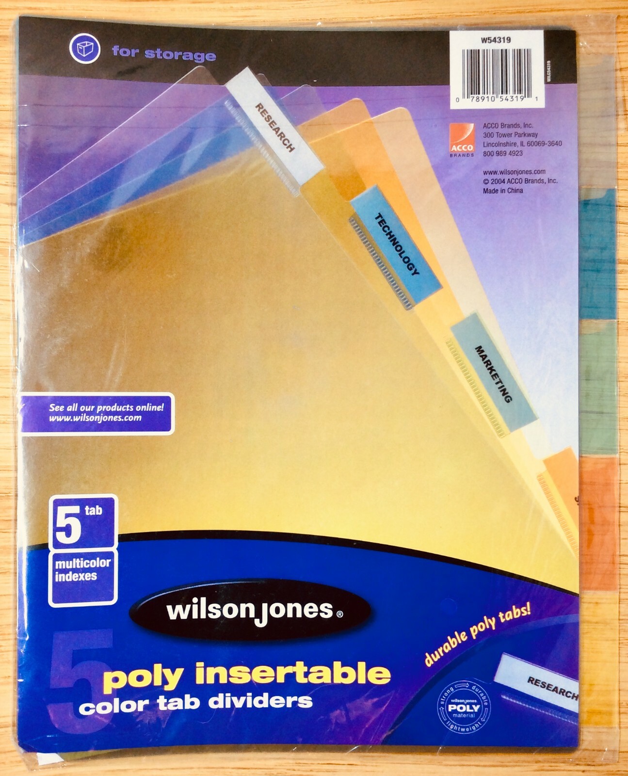 Wilson Jones Poly Insertable Dividers, 5-Tab Set, Multicolor Tabs (W54319)
