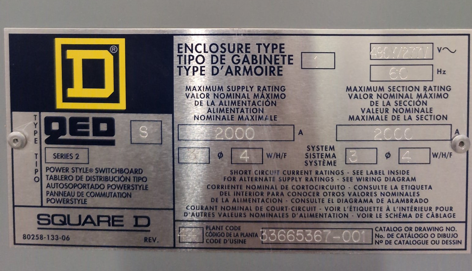 Square D QED Switchboard 2000A 480V 3PH 4W NEMA 1
