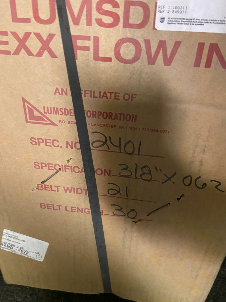 New Lumsden Flexx Flow SS Belt, 2401, 3/8″ x .062, 5-space, 21″ wide x 30′