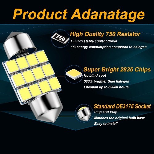 31mm 1.22in Super Bright White LED Festoon Car Lights, DE3021 DE3022 Fit for Int