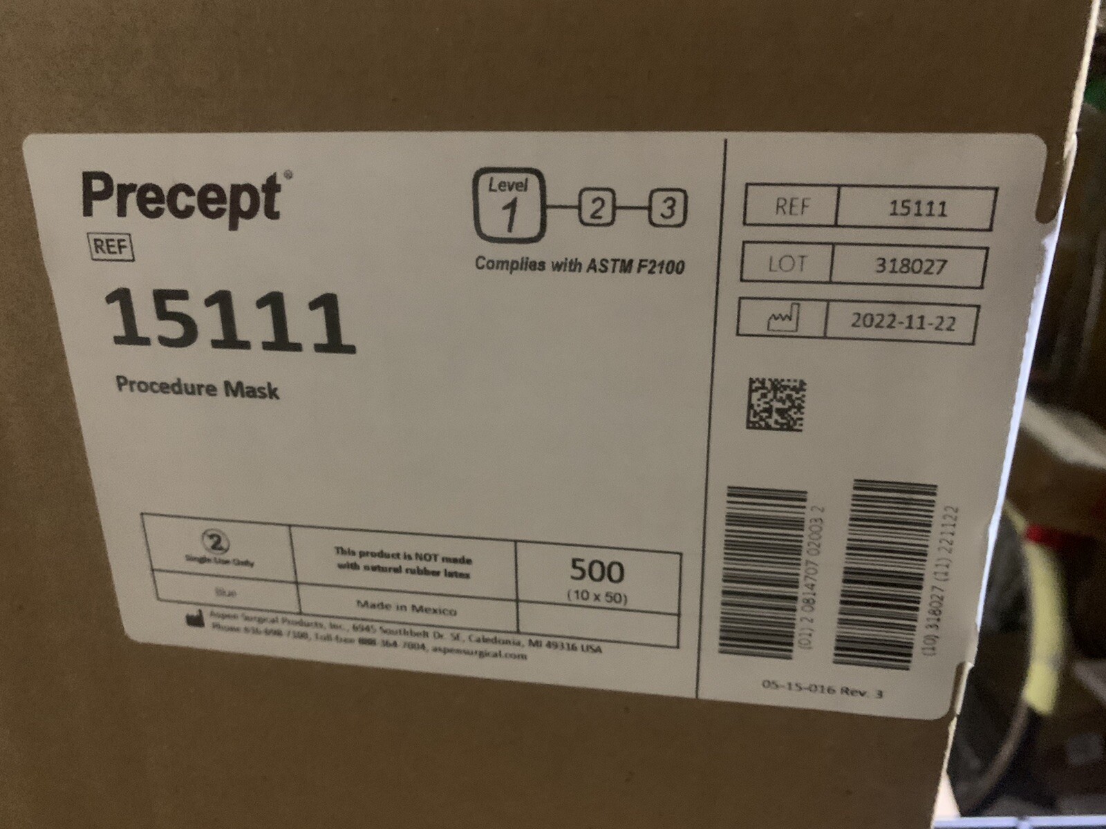 Precept 15111 Procedure Mask Level 1 Blue color Case of 10 Boxes