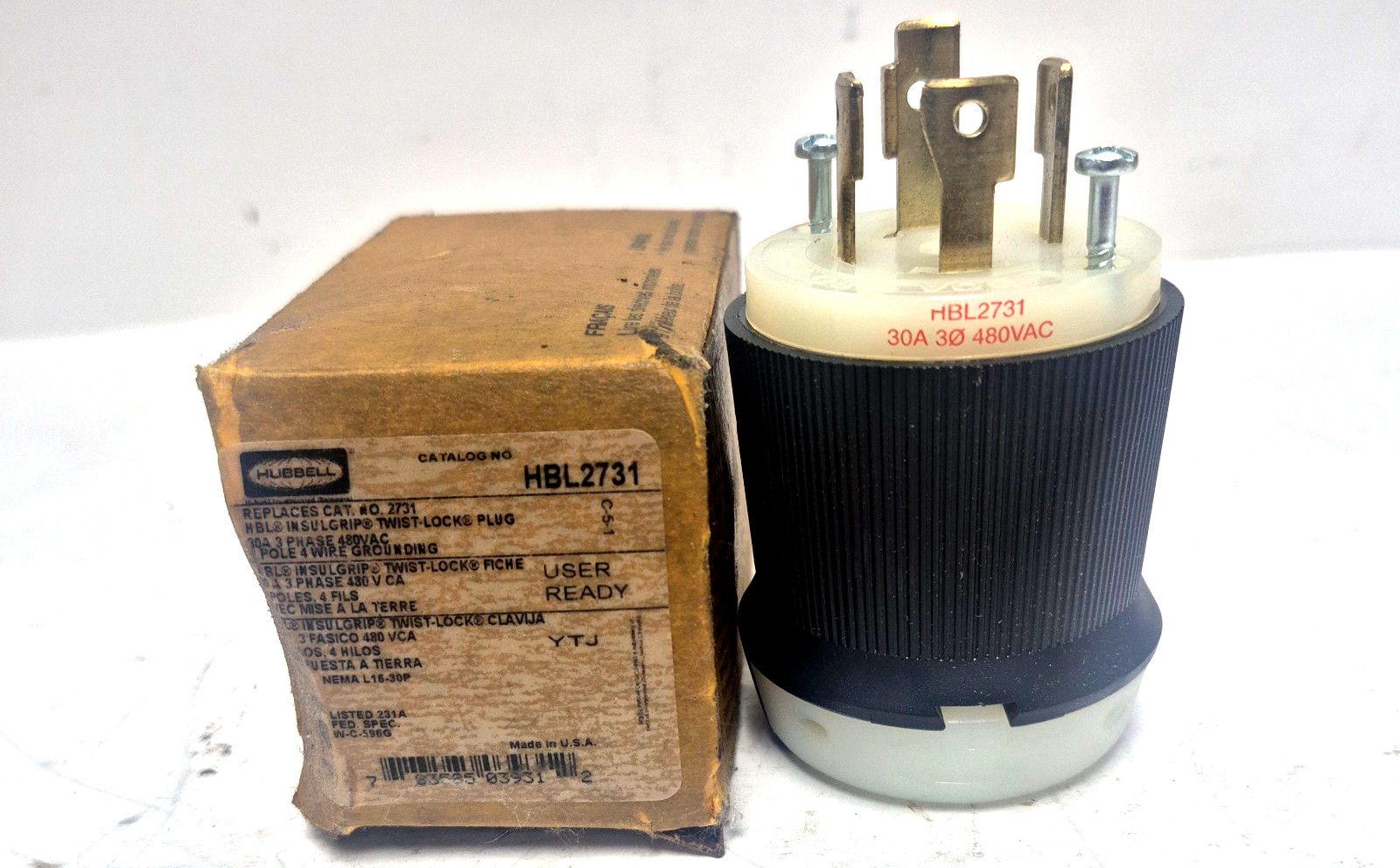HUBBELL HBL2731 TWIST-LOCK PLUG IN SULGRIP 30A 480VAC 3 POLE 4 WIRE GROUNDING