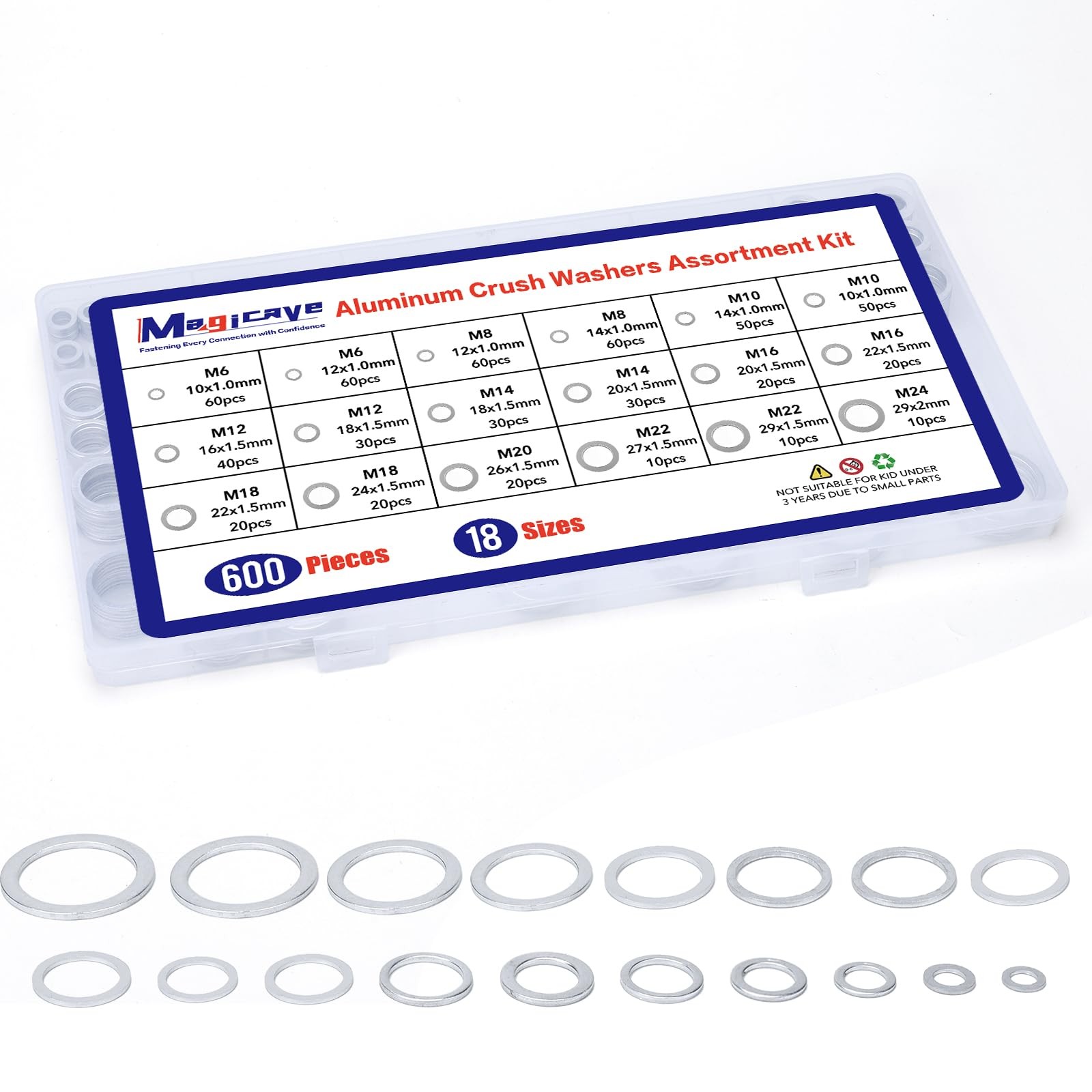 600 Pcs Aluminum Crush Washer Assortment Kit – 18 Sizes Oil Drain Plug Gasket